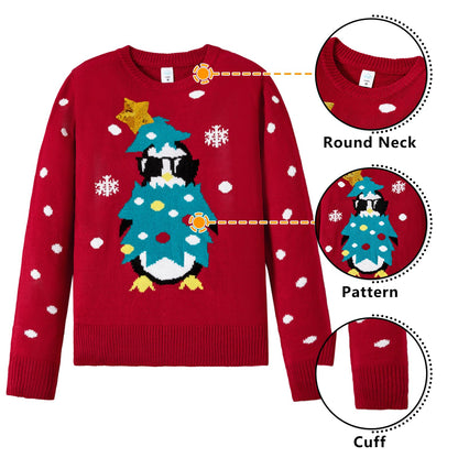 IFFEI Womens Ugly Christmas Sweater Novelty Print Crew Neck Sweater Penguin-Red M