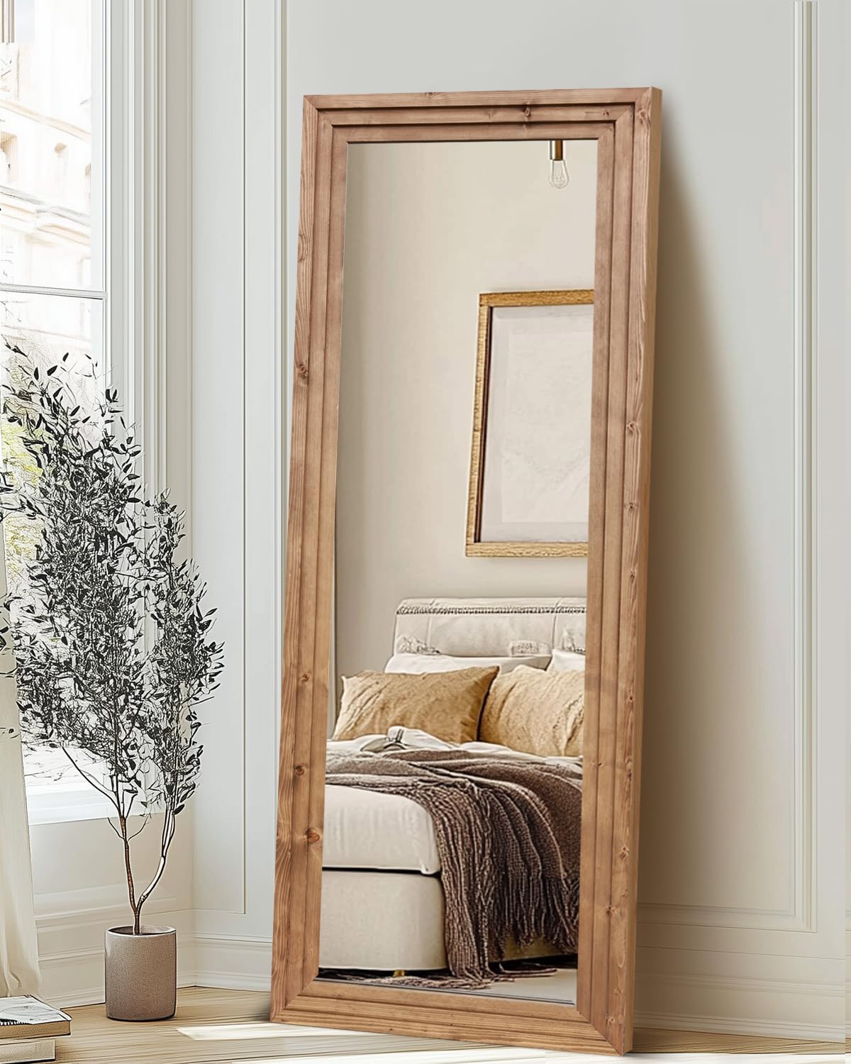 ABSWHLM Full Length Mirror 65"x24" Solid Wood Frame Floor Large Mirror for Living Room, Bedroom Hanging or Leaning Wall-Mounted, Light Brown