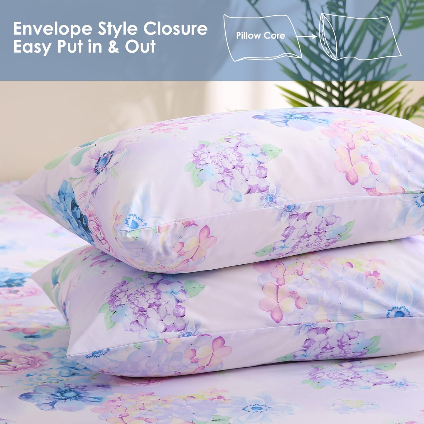 JSD Purple Hydrangea Floral Sheet Set King Size, 4 Piece Soft Spring Printed Microfiber Bed Sheets Deep Pocket