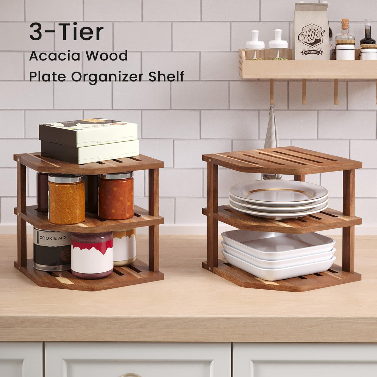 VERTORGAN 3 Tier Acacia Wood Corner Shelf(2 Pack),Dish Drying Rack,Plate Organizer,Kitchen Spice Rack for Countertop and Cabinet,Pantry Organization and Storage