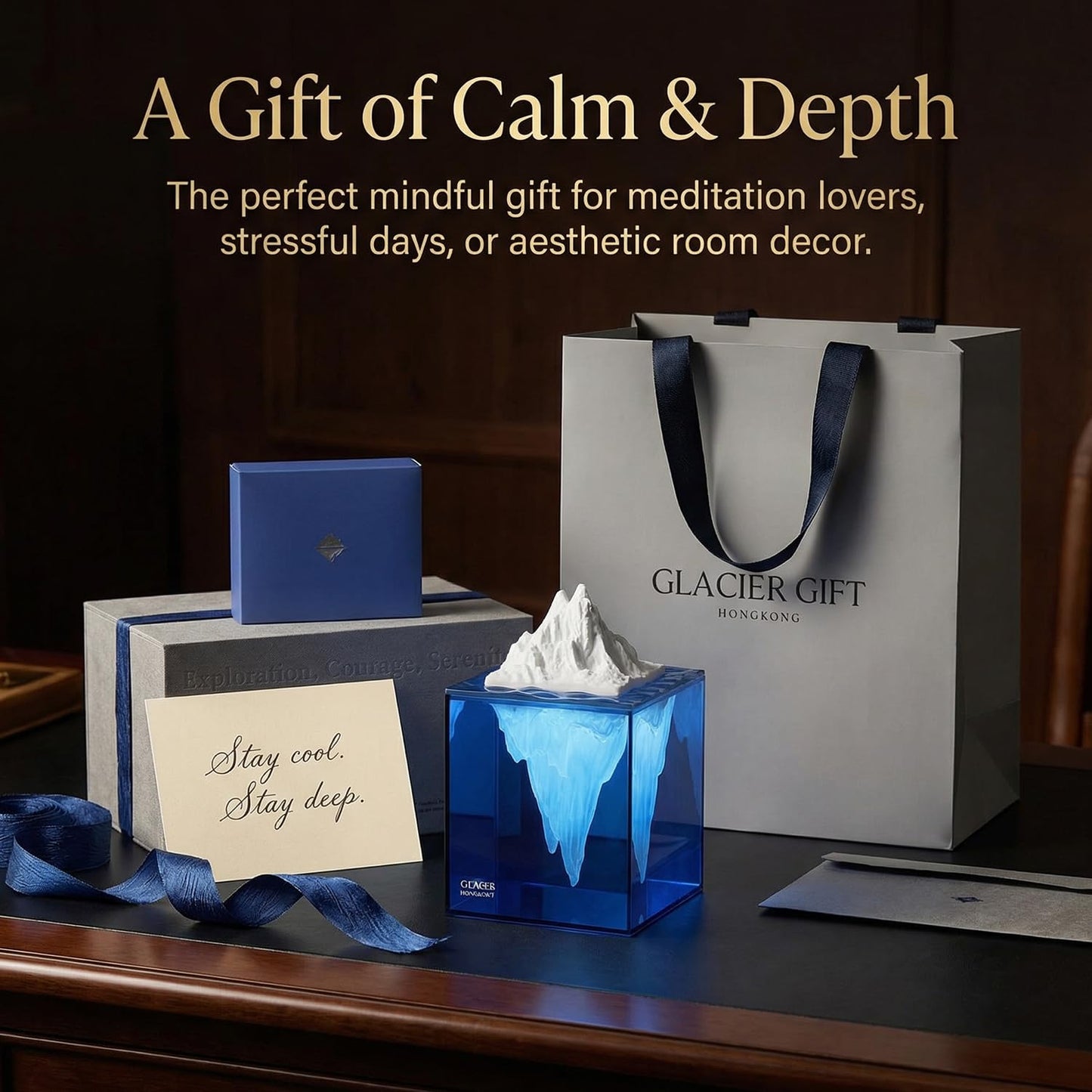 Calming Iceberg Essential Oil Stone Diffuser & Mood Lamp, Silent Flameless Aromatherapy Night Light, Minimalist Zen Decor for Stress Relief, Mindfulness & Meditation Gift (Glacier Blue)
