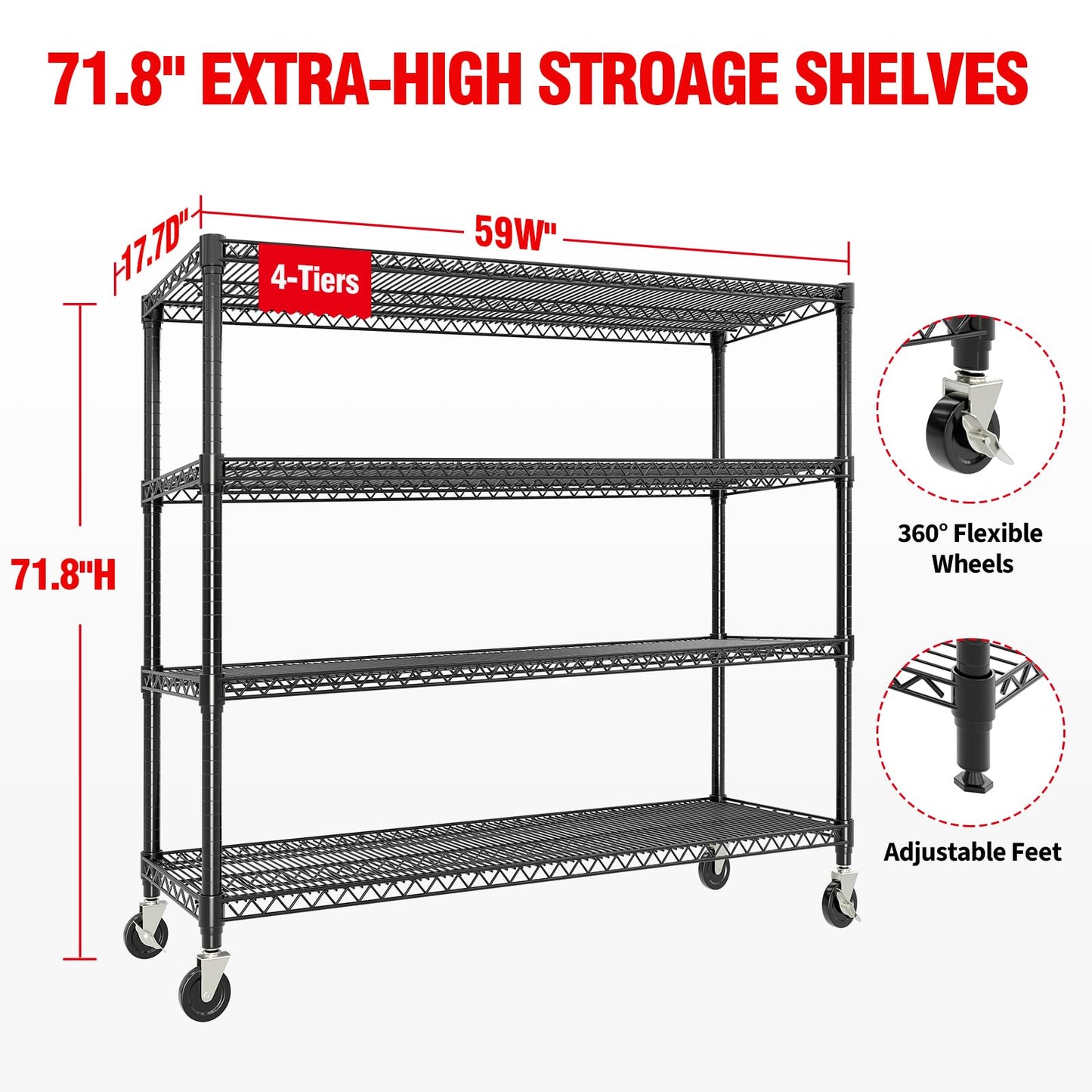 PeacefulHues 71.8" H Storage Shelves 4-Tiers Heavy Duty Metal Shelving Unit with Wheels, 2640LBS Garage Shelving for Pantry Garage Kitchen Home Outdoor, 71.8" H x 59" W x 17.7" D