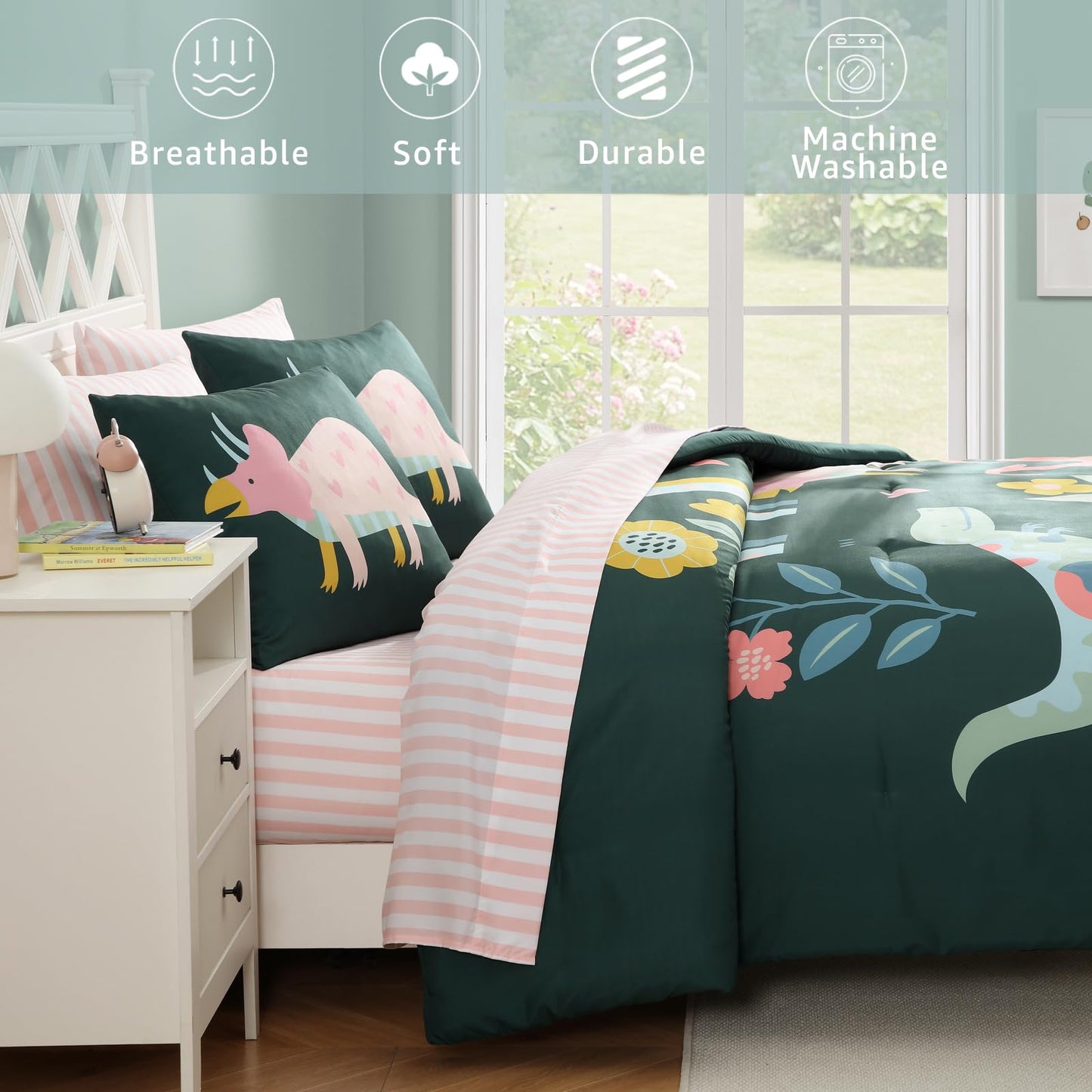 AMBERSPACE Twin XL Comforter Set for Girls, Dinosaur Kids Bedding Set with Cute Floral, All Season Boys Teen Bed in a Bag Dorm 5 Pieces with Sheets, Pillowcase & Sham