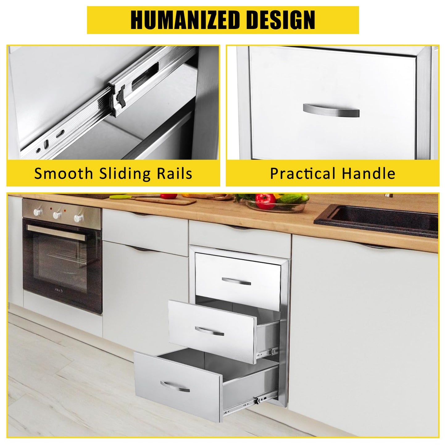 GarveeLife Outdoor Kitchen Drawers 18 in Wx 23 in H x 23 in D, Flush Mount BBQ 3-Layer Drawer Stainless Steel Kitchen Drawer Outdoor Kitchen Access Drawer for Outdoor Kitchen Island