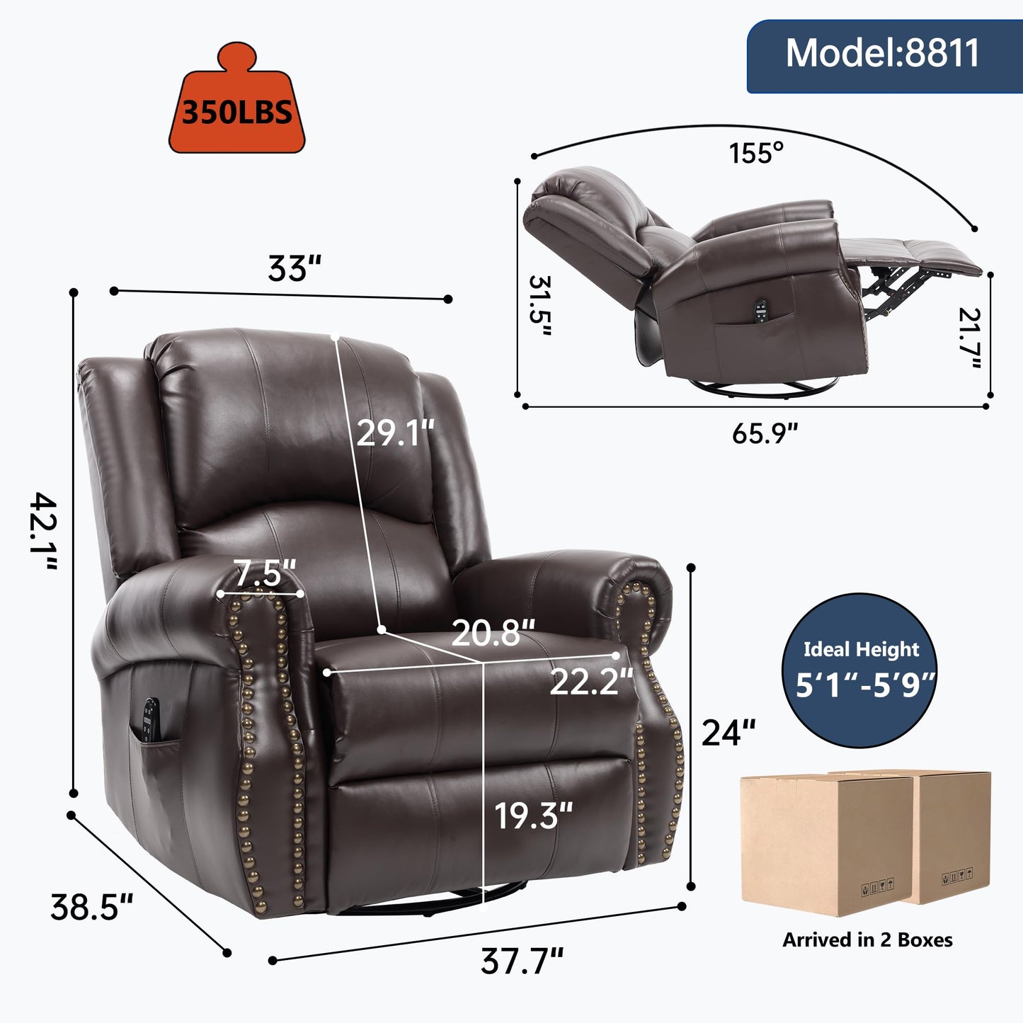 KEIKI Faux Leather Heat Massage Manual Recliner Chair with Square Arms and Cushion Back, for Elderly, Modern Style Oversized Swivel Reclining Sofa Chairs, Easy Assembly, for Living Room, Brown