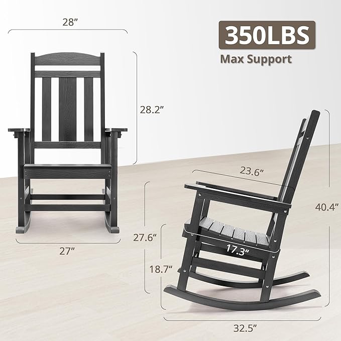 LUE BONA Outdoor Rocking Chairs Set of 4, Weather Resistant HDPS Poly Rocker Chairs, 350lb Heavy Duty, Oversized Porch Rocker for Adult, High Back Smooth Rocking Chairs for Outdoor & Indoor, Gray