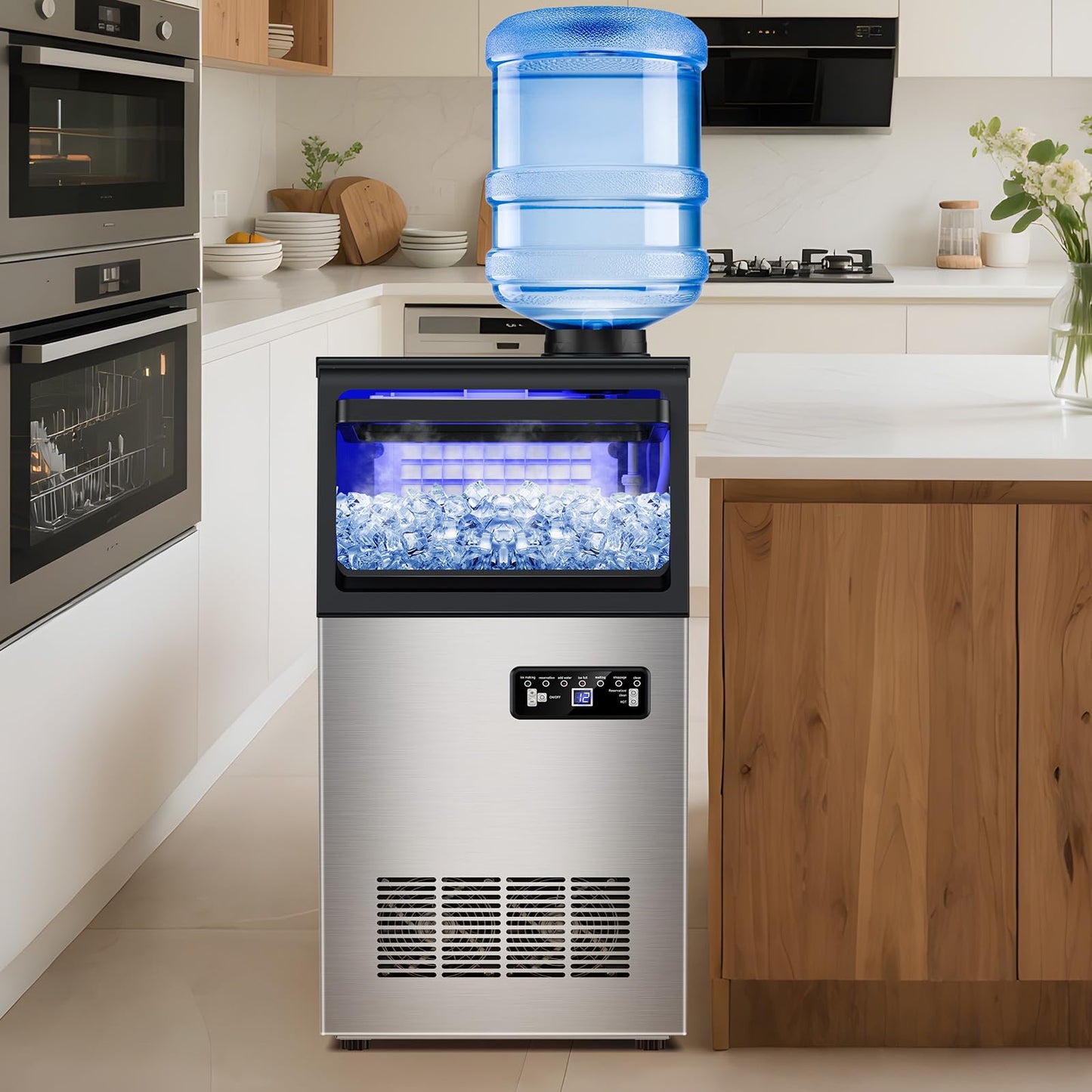 Commercial Ice Maker Machine 130Lbs/24H with 30Lbs Ice Capacity, 45Pcs Clear Ice Cubes Ready in 8-15Mins, Stainless Steel Under Counter Freestanding Large Ice Machine, 2 Water Inlet Modes