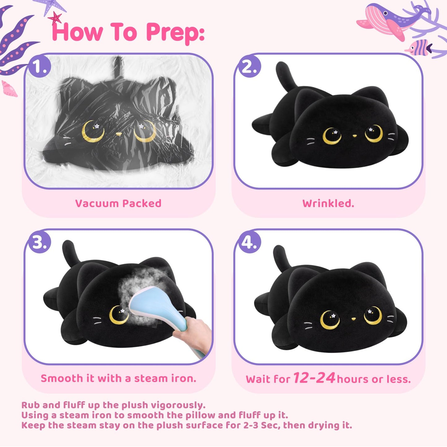 Mewaii Black Cat Plush Pillow - Cute Cat Plushie Body Pillow, Soft Kawaii Plush Toy for Cuddling, Napping & Room Decor - 13 Inch Stuffed Animal Gifts for Women, Girls, Kids