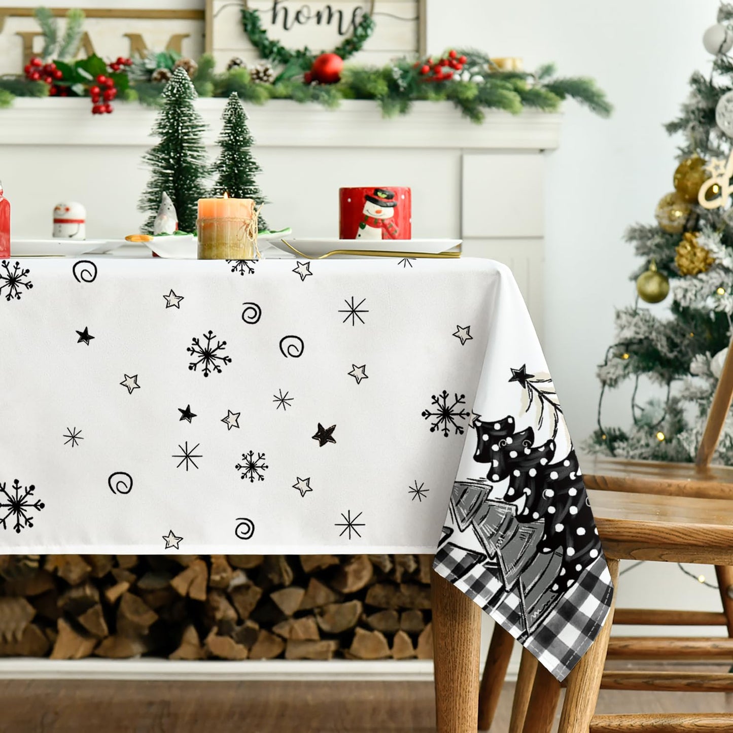 Horaldaily Christmas Tablecloth 60×84 Inch Rectangular, Christmas Trees Buffalo Plaid Black Washable Table Cover for Party Picnic Dinner Decor