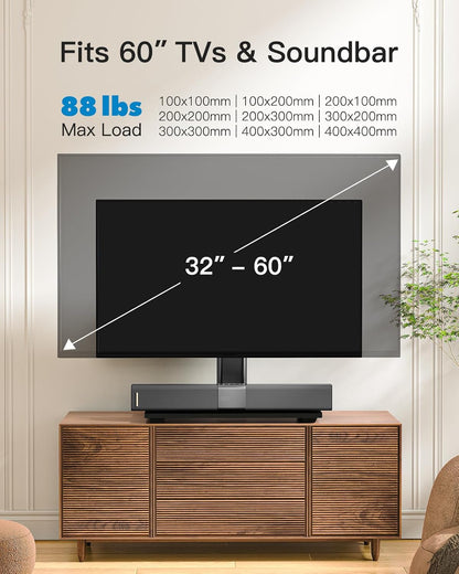 PERLESMITH Universal TV Stand, Table Top TV Stand for 32-60 inch TVs & Monitors, Height Adjustable TV Mount Stand Holds up to 88 lbs with Tempered Glass Base & Wire Management, VESA 400x400mm PSTVS04