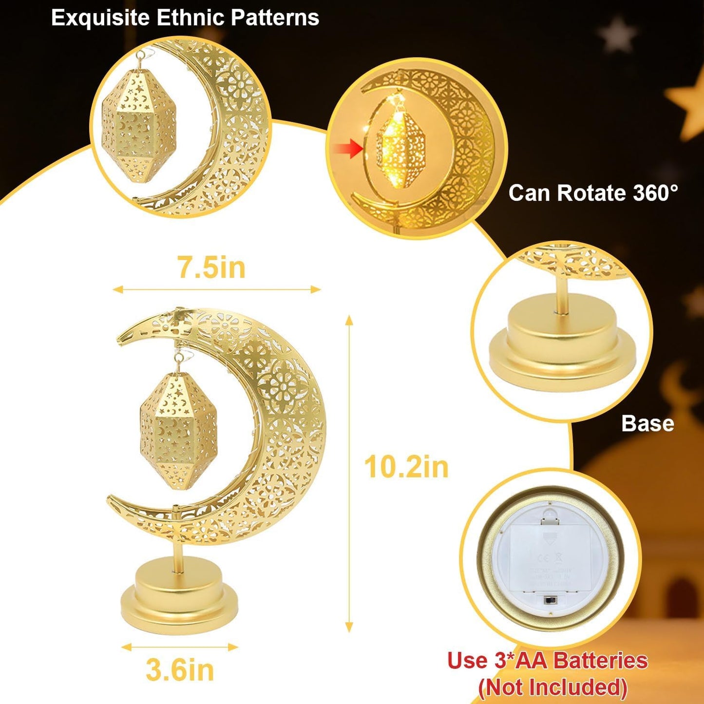 Lifnatty Ramadan Moon Lamp Decorations, Crescent Moon with Ramadan Lantern, Rotating Ramadan Table Lamp, Ramadan Decorations for Home, Eid Mubarak Decorations, Battery Operated Metal Eid Gifts