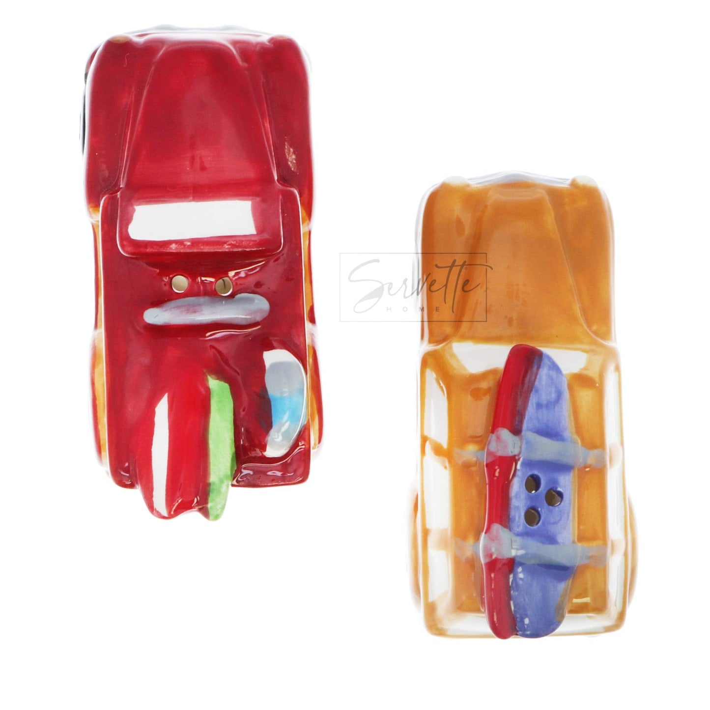 Novelty Ceramic Salt and Pepper Shaker Set Travel Beach Theme - Retro Cars with Surfboard