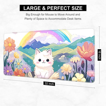 Desk Pad, 32" x 16" XXXL Extended Large Gaming Mouse Pad, Desktop Decor Desk Mat, Men Women Office Supplies and Accessories, Cute Anime Mouse Mat for Laptop & Keyboard, Rainbow Cute Cat