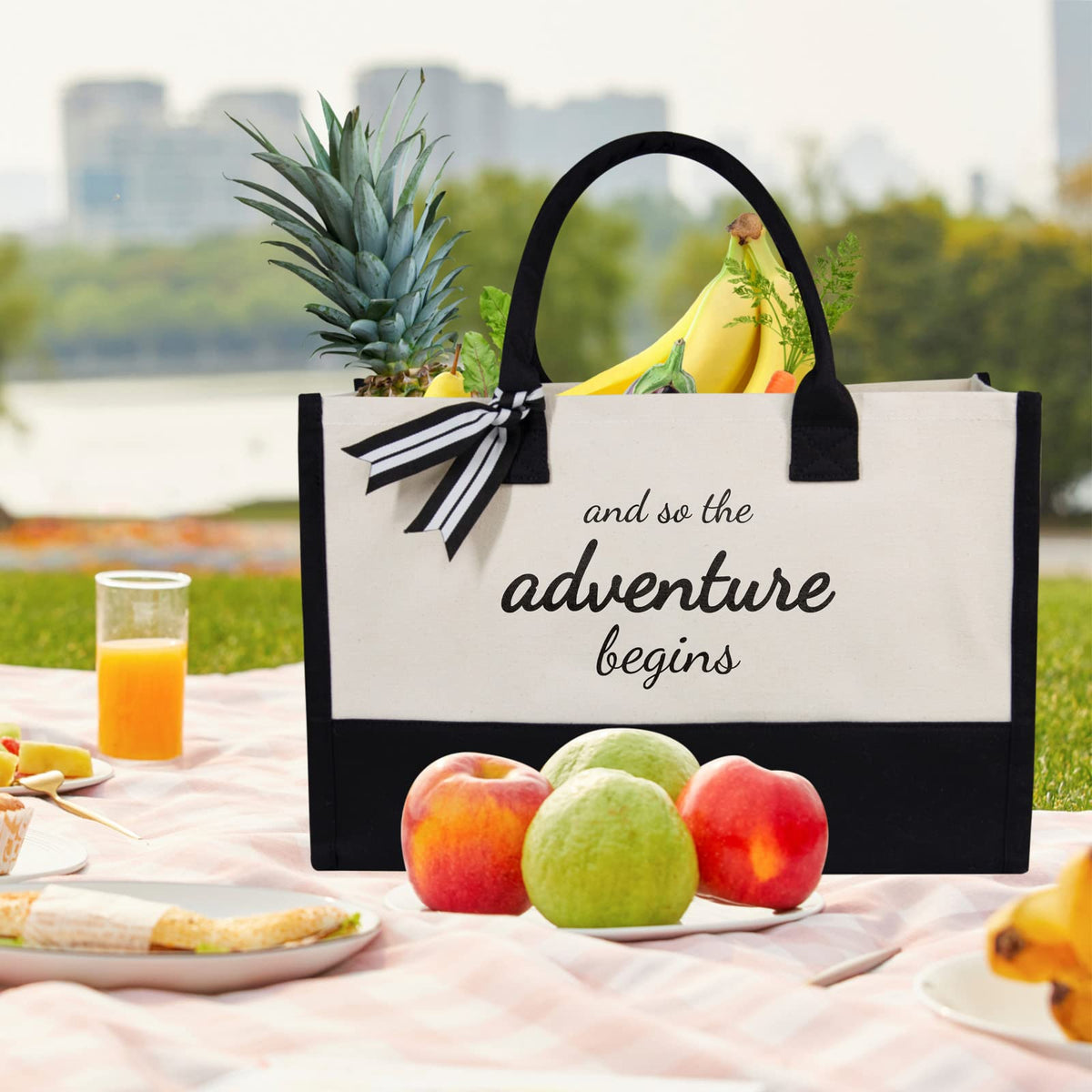 TOPDesign Canvas Tote Bride Bag, Inspirational Bridal Shower, Bachelorette Party, Engagement Wedding Gifts, Congratulation Present for New Chapter, And So the Adventure Begins