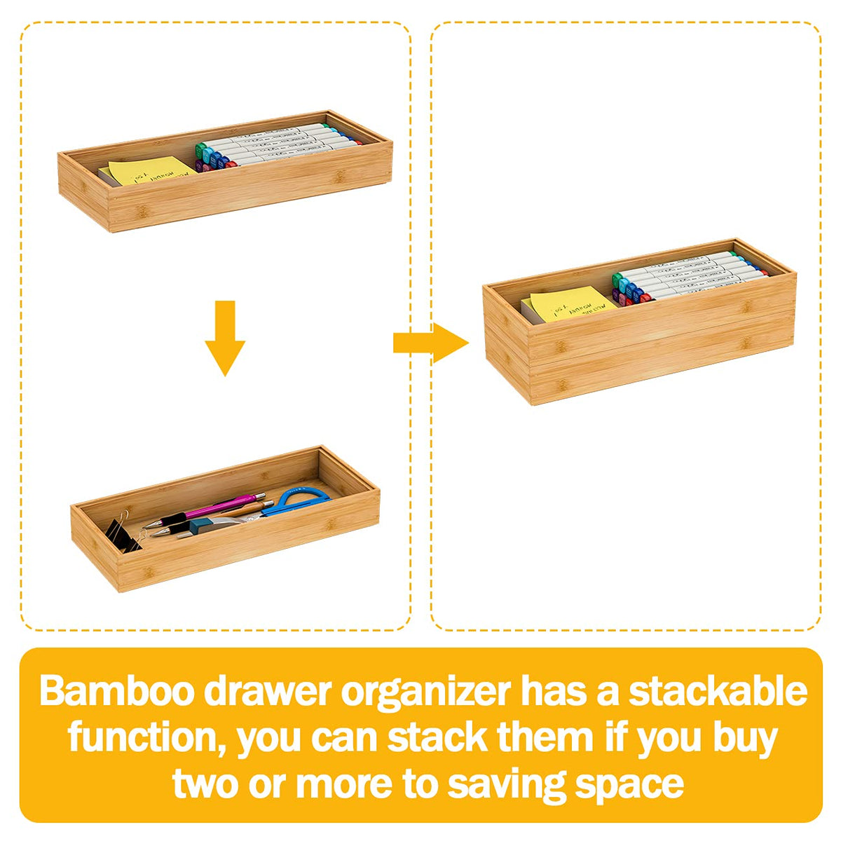 Utensil Organizer Silverware Drawer Organizer-Stackable Bamboo Flatware Caddy Cutlery Holder, Wooden Storage Boxes Tray for Bedroom,Office, Bathroom, Vanity & Garage Tool Organization(15"6"2.5")