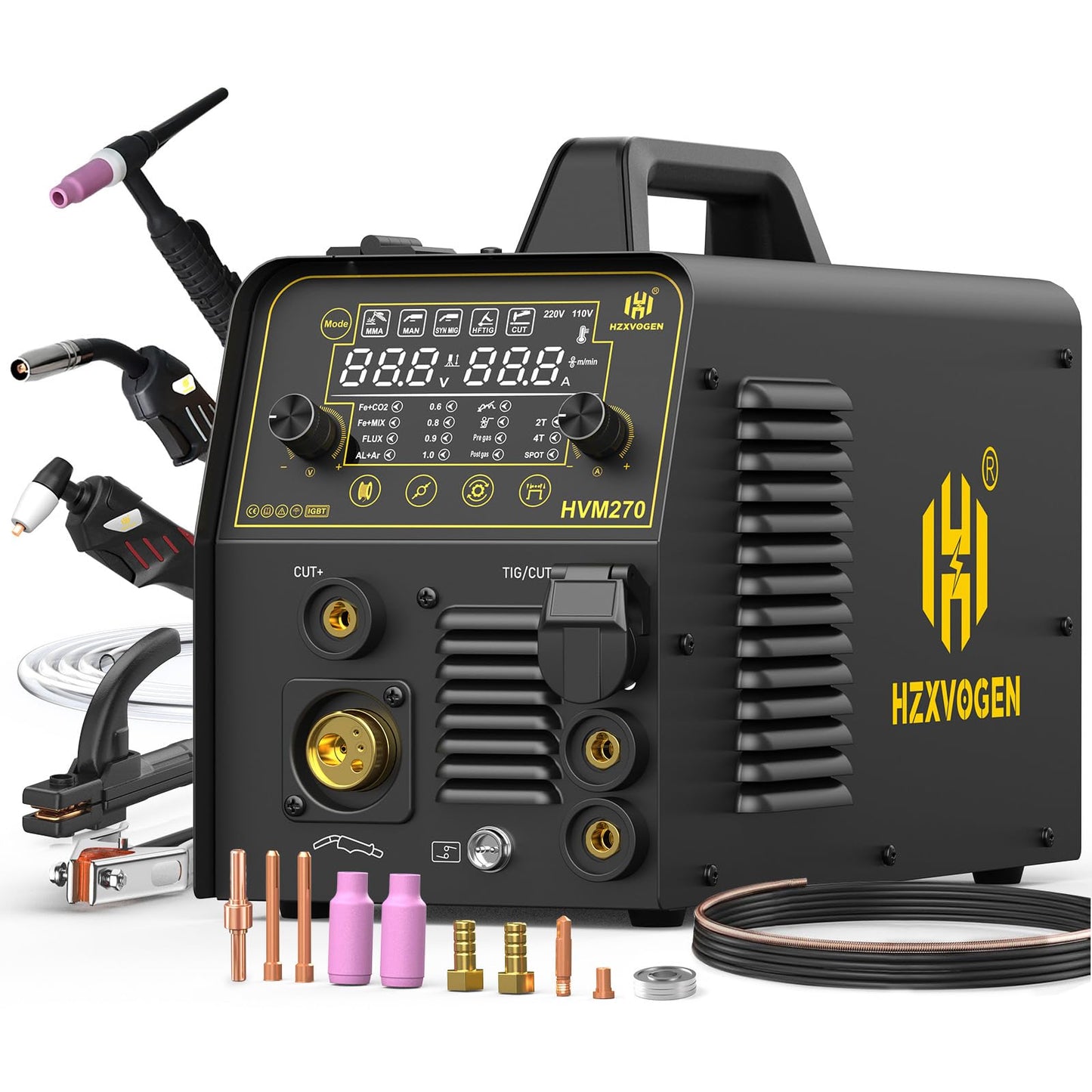 H HZXVOGEN 200A Plasma Cutter Welder Combo, 7 In 1 Gas MIG/Flux Core MIG/Pulse MIG/HF TIG/Stick/Cut/Spot, 110/220V Aluminum Welding Machine Multiprocess Welder with Synergic Mode