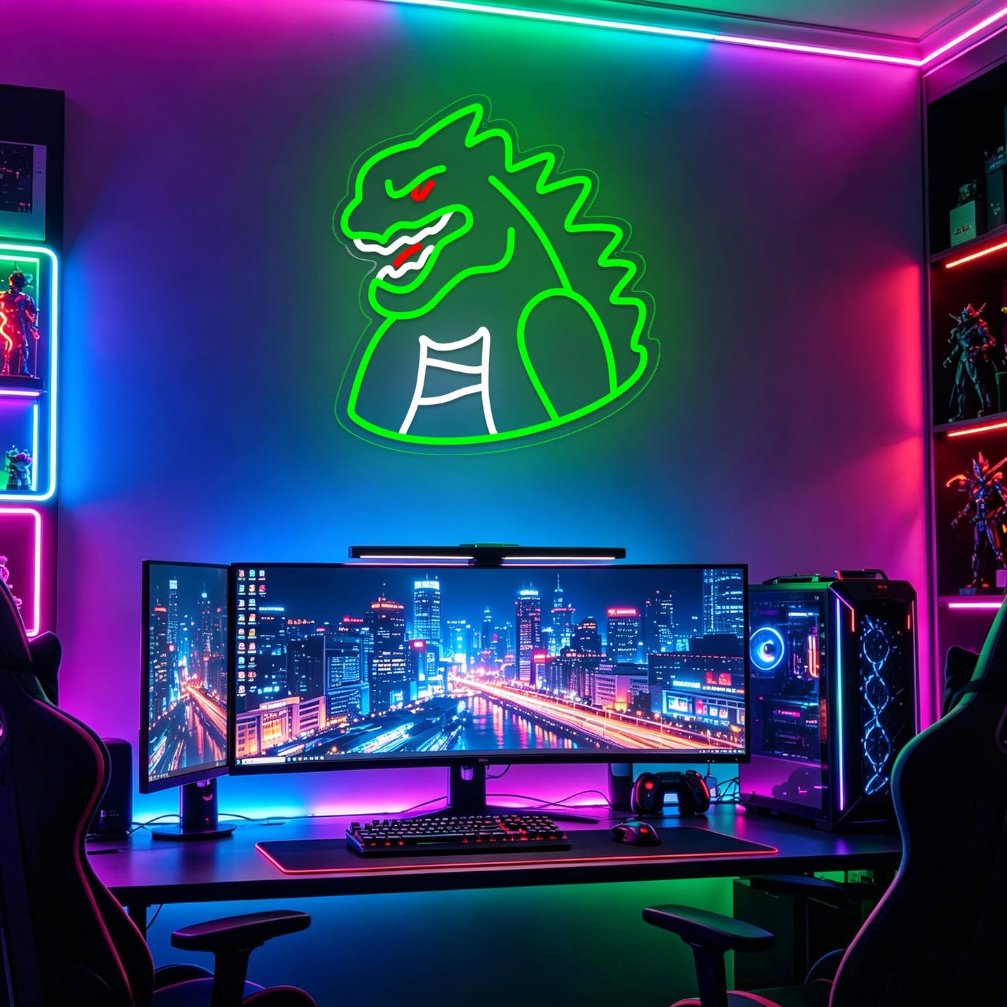 Monster Neon Sign Lights for Wall Decor, Dinosaur LED Sign for Room and Man Cave Decor, Dimmable Powered LED Signs for Boys Bedroom, Party, Birthday, Christmas Gift