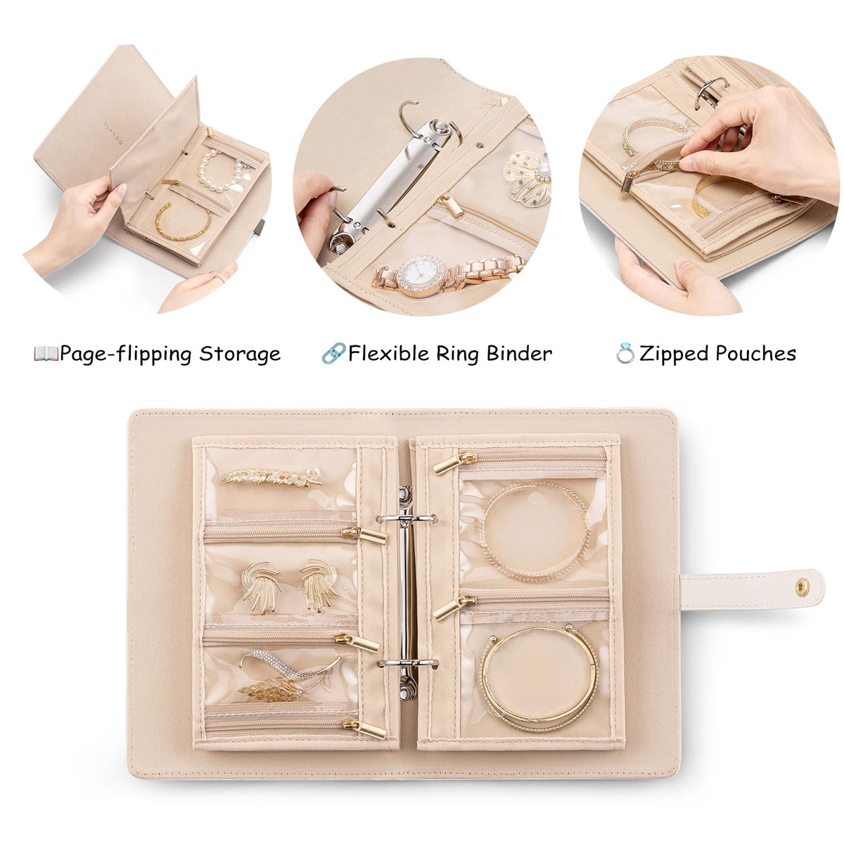 VLANDO Jewelry Book Organizer - Leather Travel Jewelry Case with 5 Detachable Pages for Necklaces, Rings, Earrings, Tangle-Free, Giftable, Latte