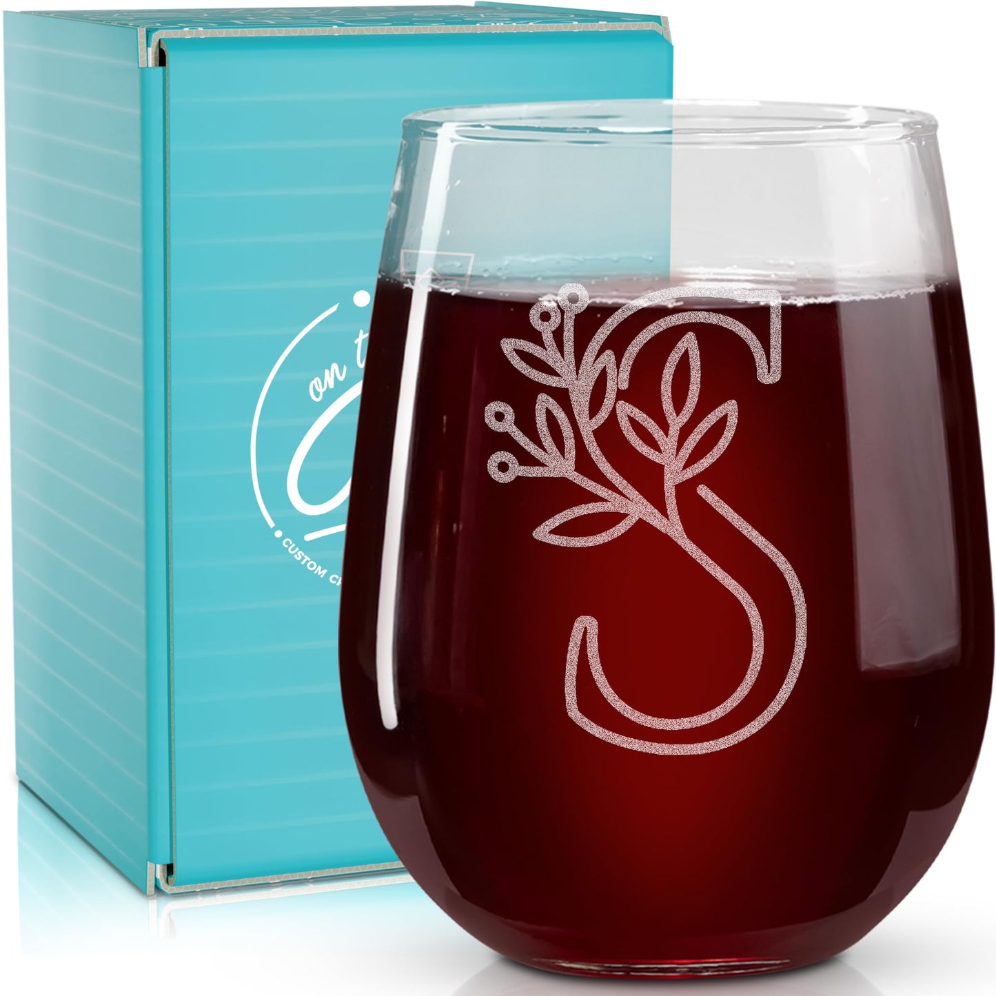 On The Rox Drinks Monogrammed Gifts For Women and Men - Letter A-Z Initial Engraved Monogram Stemless Wine Glass - 17 Oz Personalized Wine Gifts For Women and Men (S)