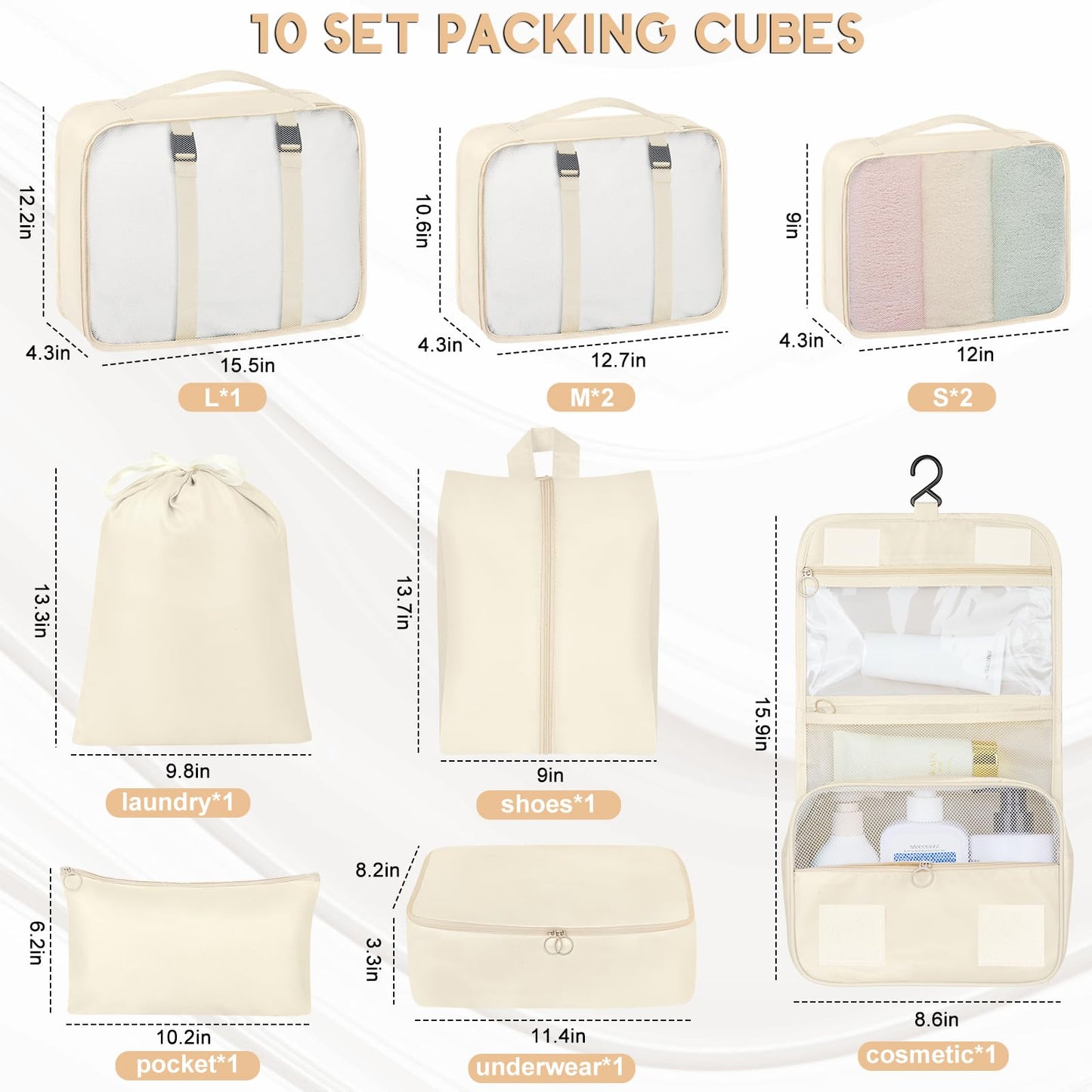 10 Set Packing Cubes for Travel, Luggage Organizer Bags with Hanging Toiletry Bag and Shoe Bag, Travel Packing Cubes for Carry on Suitcase Luggage Accessories Vacation Essentials (Beige)
