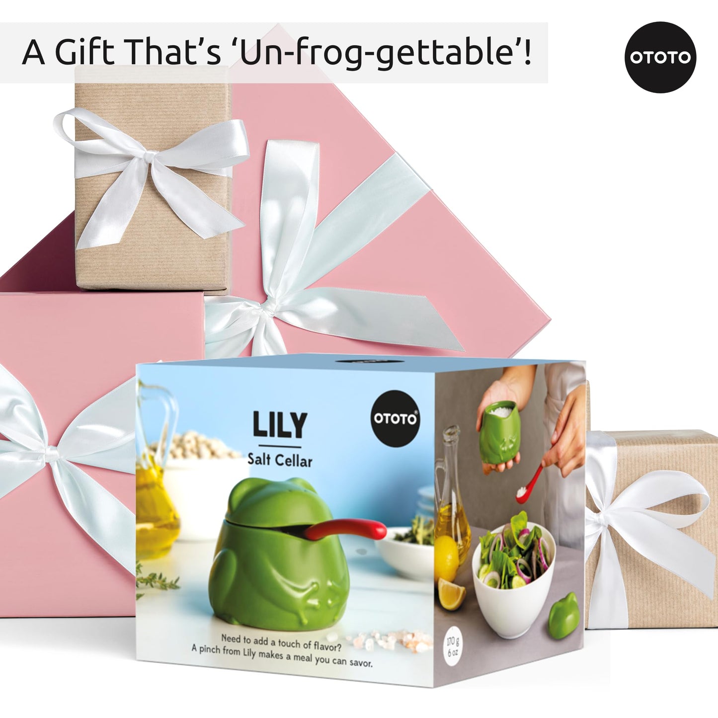 OTOTO NEW Lily Salt Cellar with Lid and Spoon - 6 oz Frog Salt Containers for Countertop, Ceramic Salt Holder with Lid for Sugar, Frog Stuff, White Elephant Gifts, Cute Gifts Accessories - Green