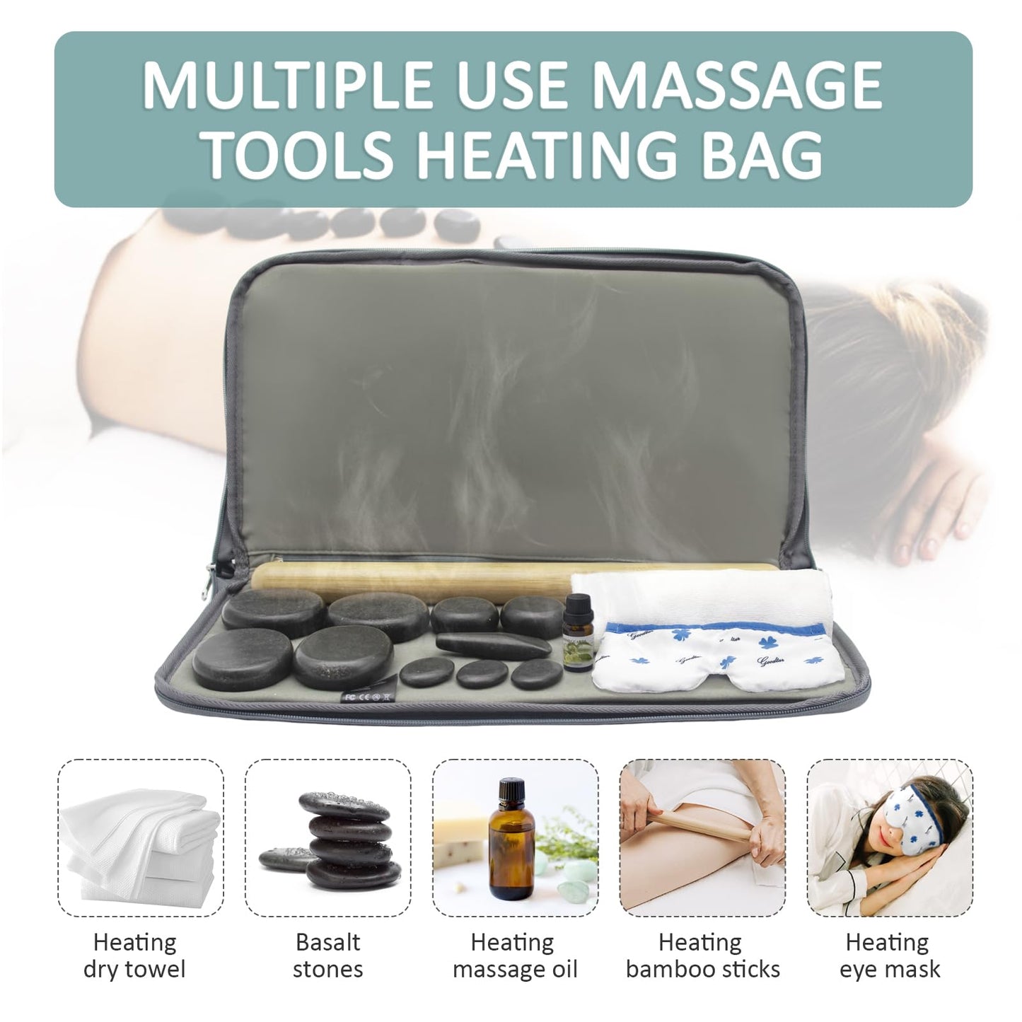 Goodtar Massage Stones Set with Warmer Kit Hot Rocks Bamboo for Massage Hot Stones Massage Warmer Kit with Temperature Control and Carry Bag for Home Use (11 Stones and 3 Sticks) Suitable for Gifting