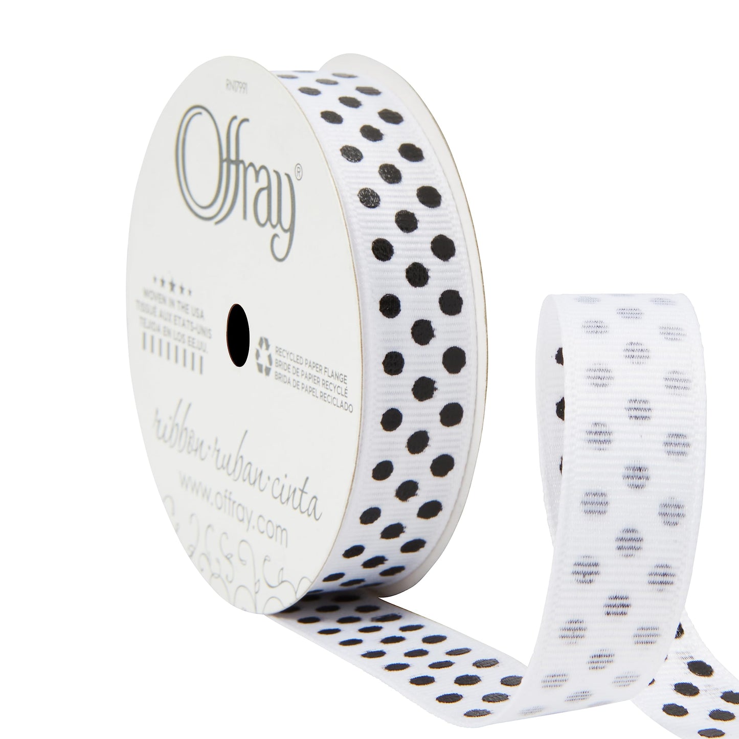 Offray 143252 5/8" Wide Grosgrain Craft and Decorative Ribbon, 9-Foot Spool, Black and White Polka Dots