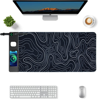VOVIPO 3 in 1 Wireless Charging Mouse Pad, Gift for Dad/Office Manager,Wireless Charger Compitable with iPhone/Watch/airpods. Wireless Charging Desk Mat 90 x 40cm,Black Topographic Computer Desk Pad