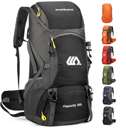 jianyana Hiking Backpack Waterproof 50L Foldable Rucksack Durable Lightweight Camping Bag with Rain Cover for Camping Trekking Hiking Walking Cycling Climbing Outdoor Sports for Women Men(Black)