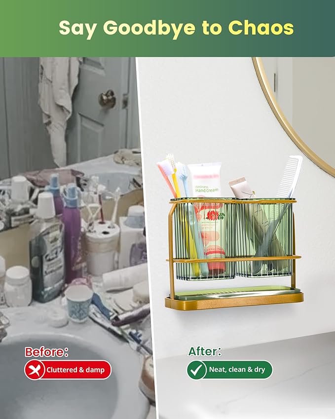 KONE Green Toothbrush Holders for Bathrooms, 2 Cups Toothbrush Holders Wall