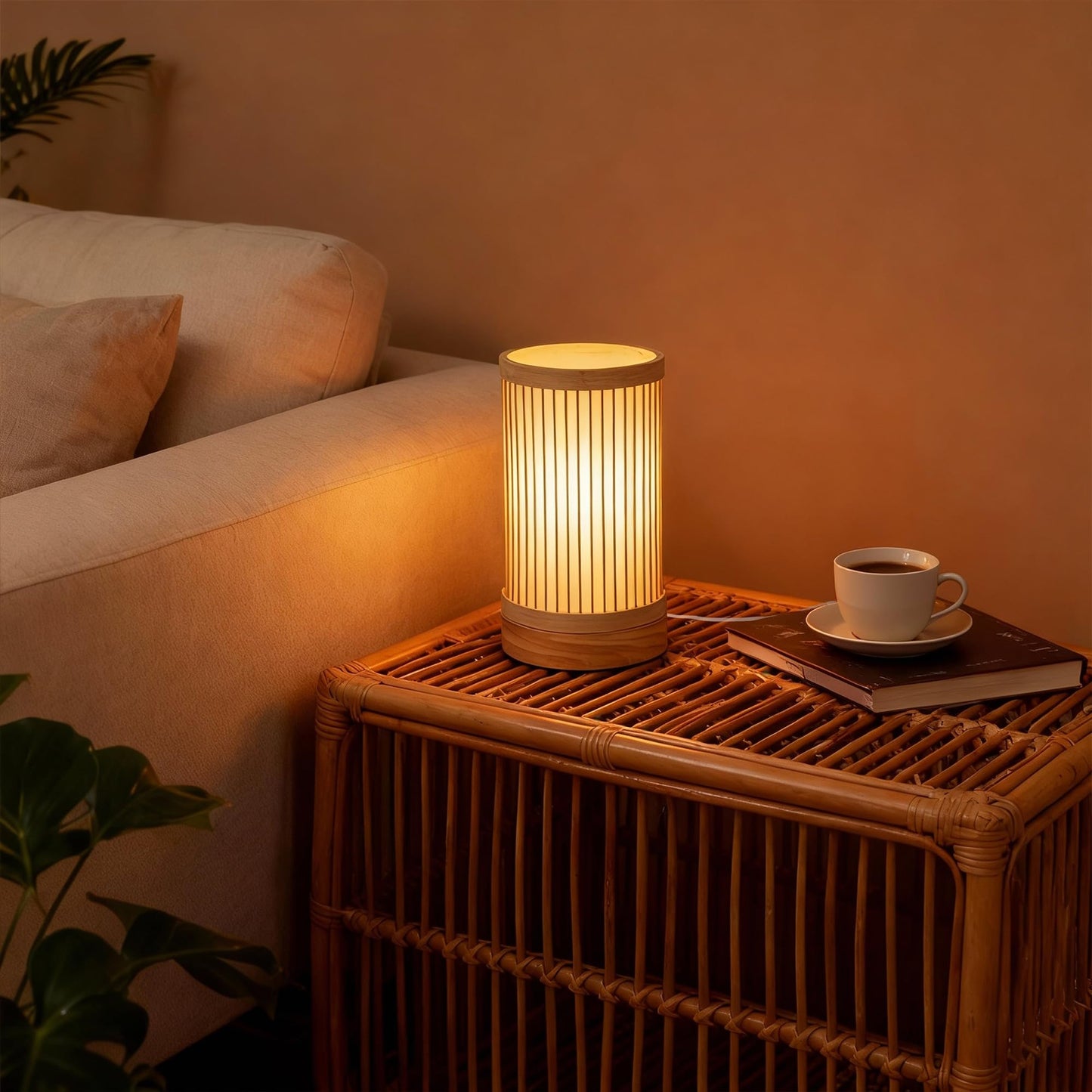 LUSHARBOR Bamboo Table Lamp, Small Boho Rattan Lamp Decorative with Dimmable Light, Woven Bedside Lamp for Bedroom, Cozy Nightstand Desk Lamps for Cafe/Entryway/Tabletop/Shelf Decor