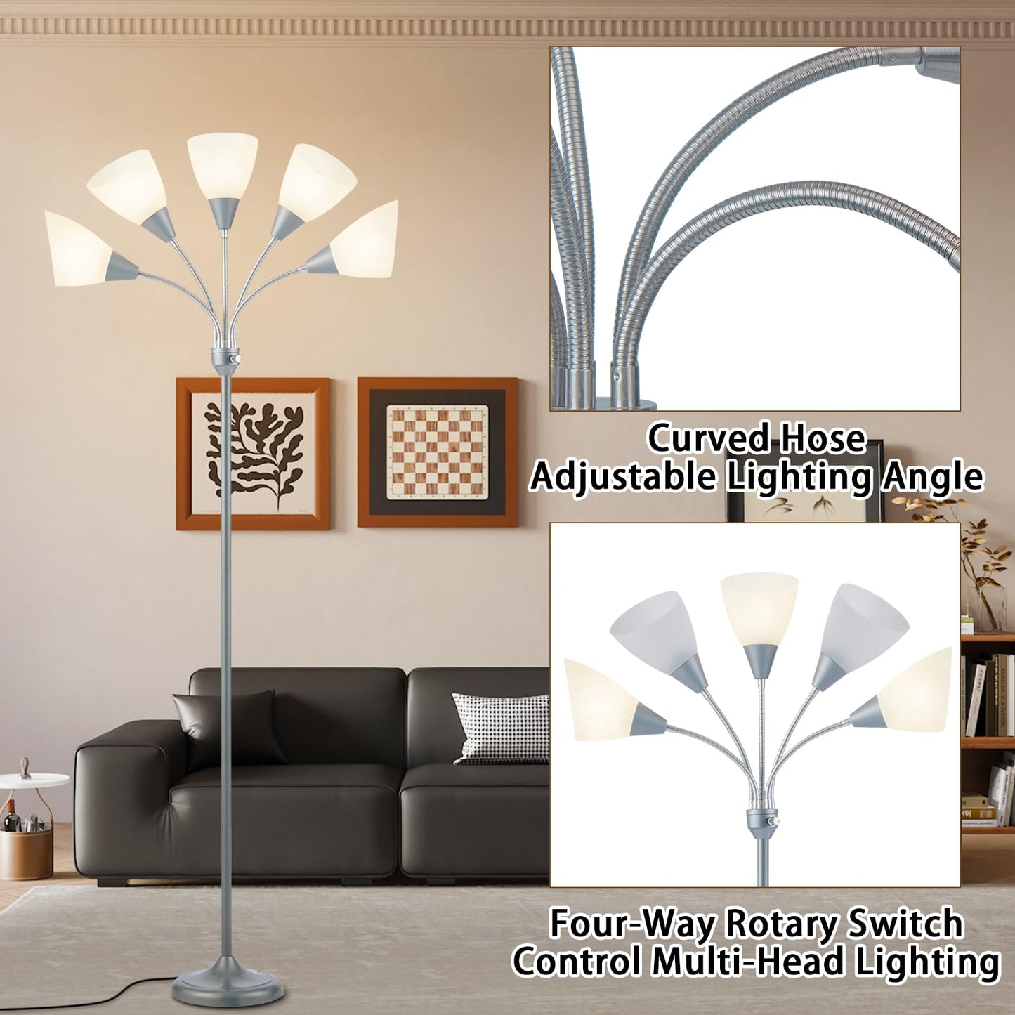 HonoDing Medusa Floor Lamps Standing Lamps 5 Heads Adjustable Reading Light Large Shade Use E26 A19 Bulb Floor Lamps for Living Room Bedroom (Silver)