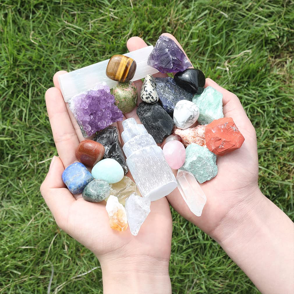 30 PCS Crystals and Stones Set, Natural Raw Healing Crystals and Tumbled Chakra Stones, Premium Protection Crystal Gift Kit Display in Wooden Box with Info Guide, Meditation, Yoga, Home Decor