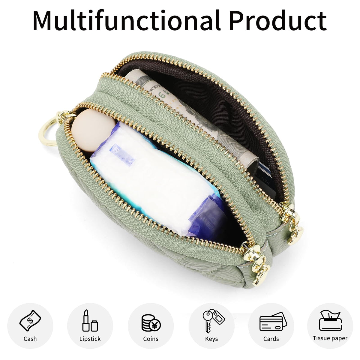 SENDEFN Women's Coin Purse Genuine Leather Wallet Small 2 Zippers Change Pouch Purse with Keychain Ring