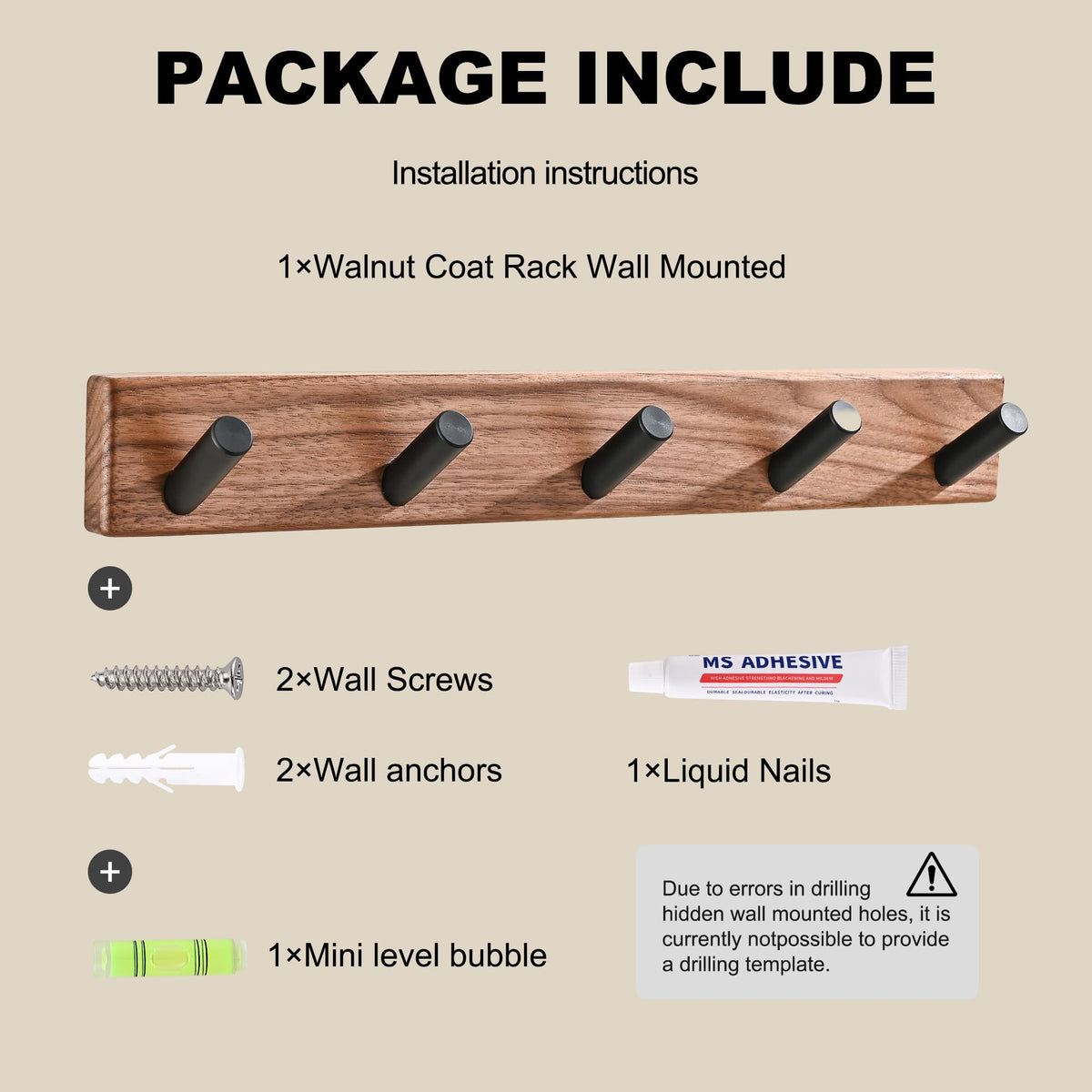 LECHYN 17.3" Small Wooden Coat Rack Wall Mounted with 5 Pegs Hooks, Entryway Wall Hooks Coat Hanger for Hanging Towel Jacket Clothes Hat Backpack Shoe Purse Key Holder Hook Rail by Black Walnut Wood