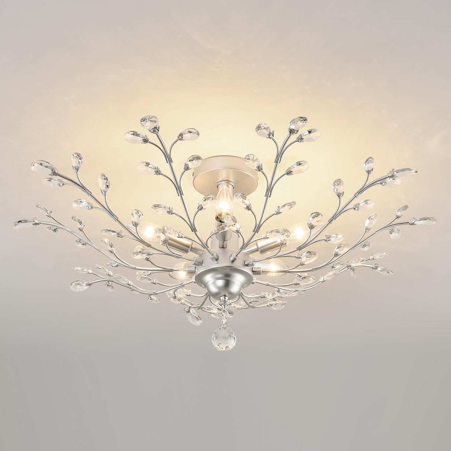 CVKASH 5-Light Vintage Small Crystal Chandelier Modern Silver Branche Ceiling Light Fixture Farmhouse for Kitchen Dining Room Living Room Bedroom Hallway Foyer
