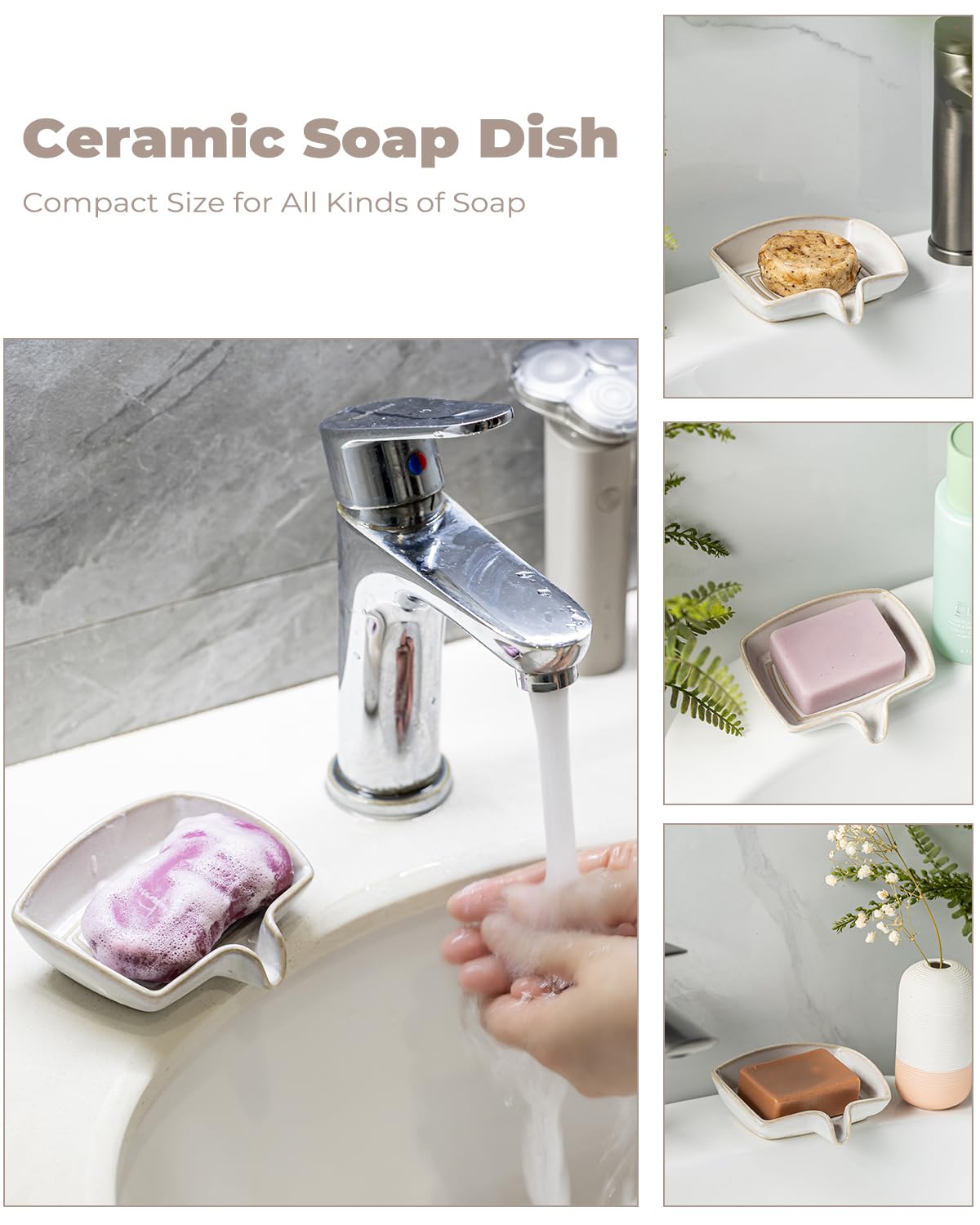 Soap Dishes, Ceramic Shower Soap Dish with Waterfall Design Bar Soap Holder Self Draining Soap Saver for Shower, Bathroom, Sink, Kitchen and Countertop, Beige White