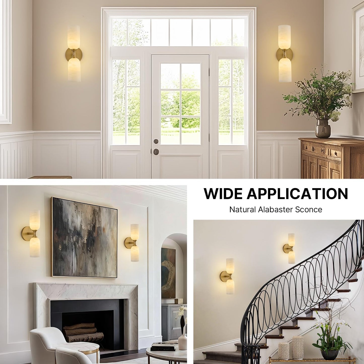 Vintage Alabaster Brass Wall Sconce: Set of 2 Antique Spanish Natural Marble Modern Vanity Wall Lights - 14" Brushed Gold Vanity Light - Indoor Sconces for Bathroom Stair Hallway Bedroom Living Room