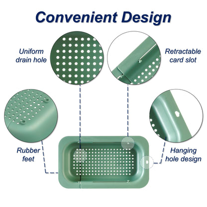 Extendable Sink Colander Strainer Basket - Wash Vegetables and Fruits, Drain Cooked Pasta and Dry Dishes - Adjustable Over the Sink Colander Collapsible Drainer Basket -Gray
