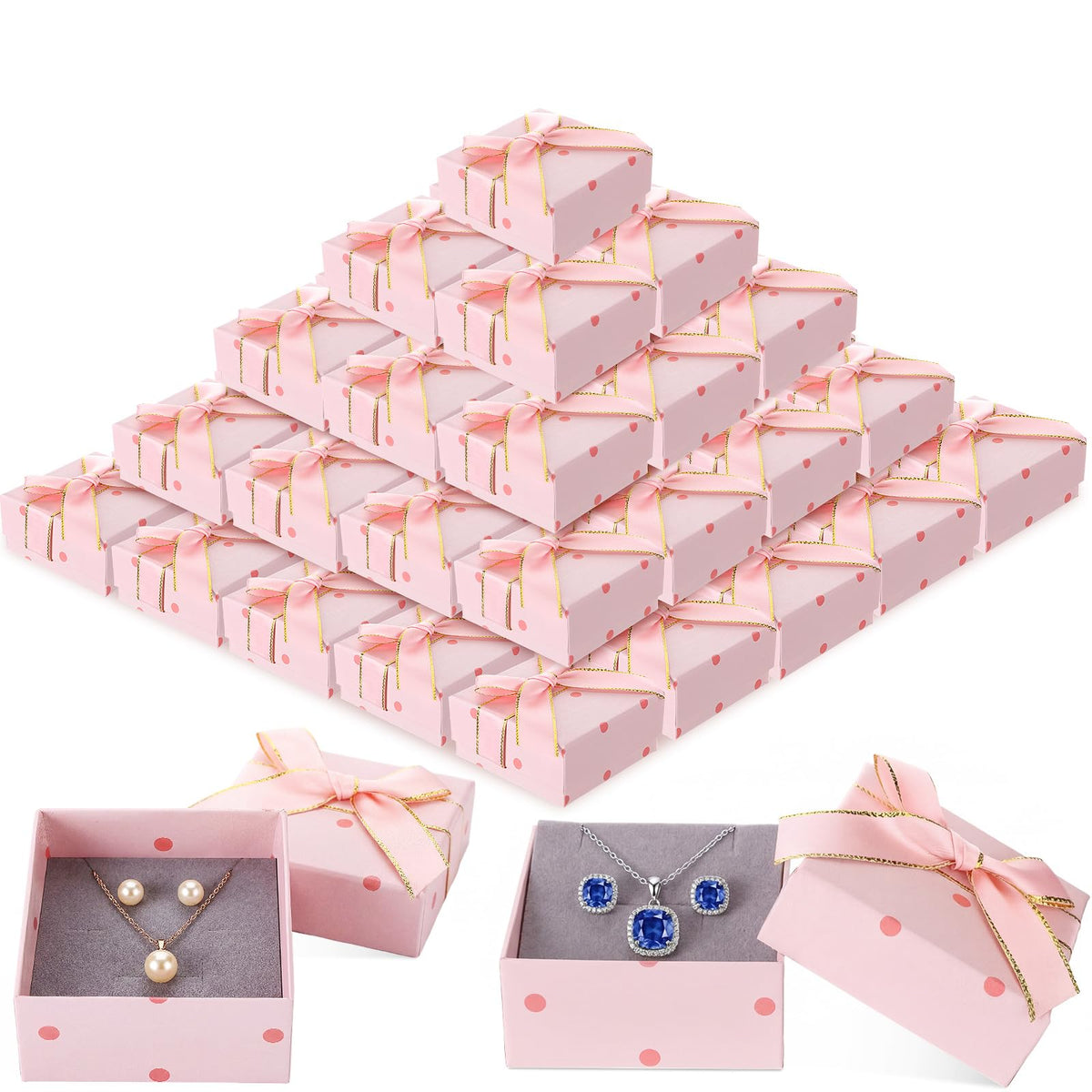 Nosiny 60 Pcs Pink Jewelry Gift Boxes 3 Inch Cardboard Jewelry Packaging Boxes with Polka Dot Bow Bulk Gift Box Square for Necklace Bracelet Ring Badge Brooch Earring Selling Boutique Wedding Party