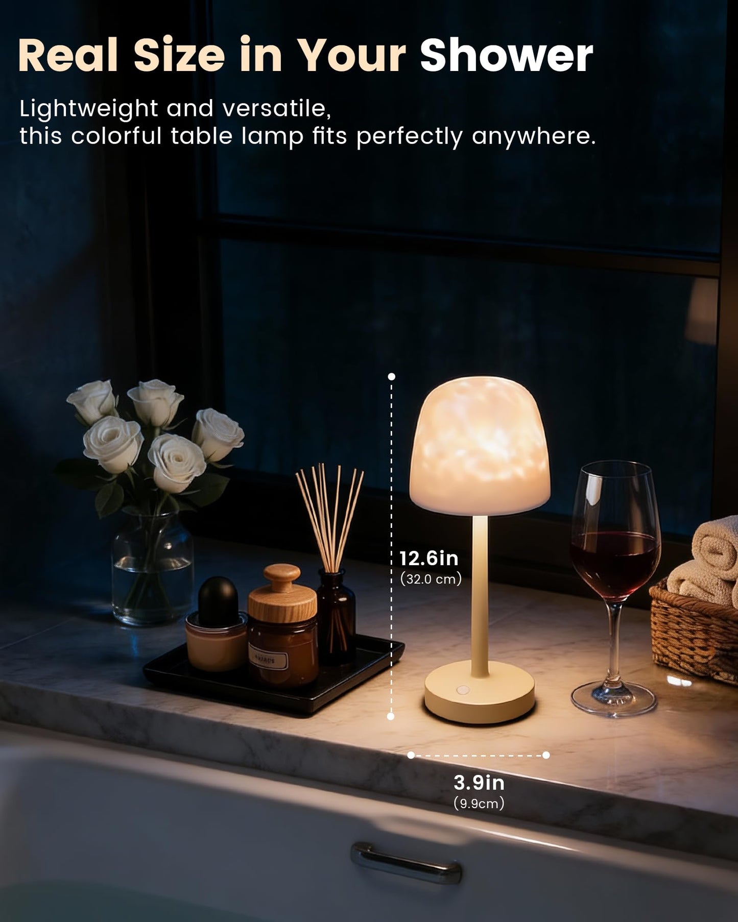 Waterproof Bathroom Shower Lamp with Ocean Wave Projector, 2-in-1 Table Night Light, 16 RGB Colors, 3 White Modes, 5000mAh Rechargeable USB-C Lamp with Touch & Remote for Spa Shower, Bedroom, Gifts