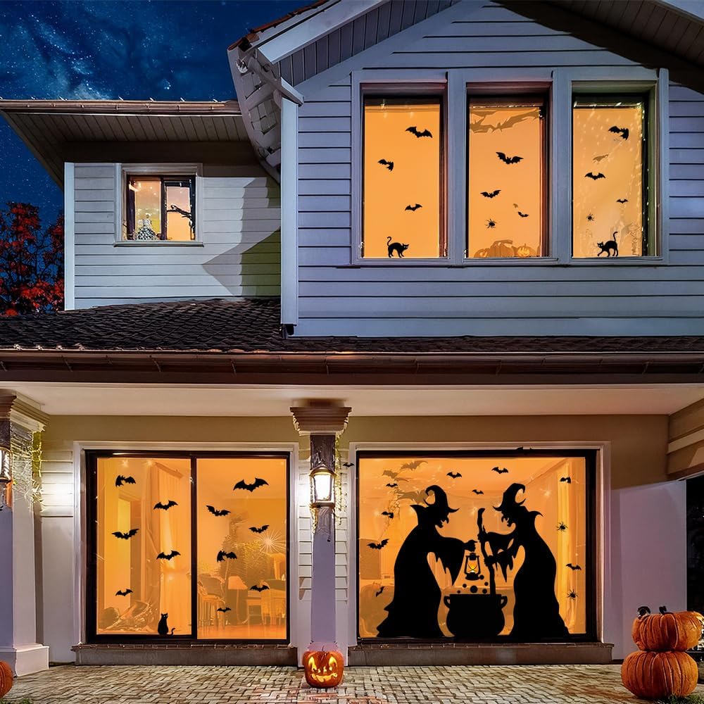 Halloween Decorations Window Clings Decor, Extra Large Witches with Black Cat Bats Spider Cauldron Silhouette Halloween Window Stickers Decals Indoor Outdoor, School Home Office Party, 3 Sheets