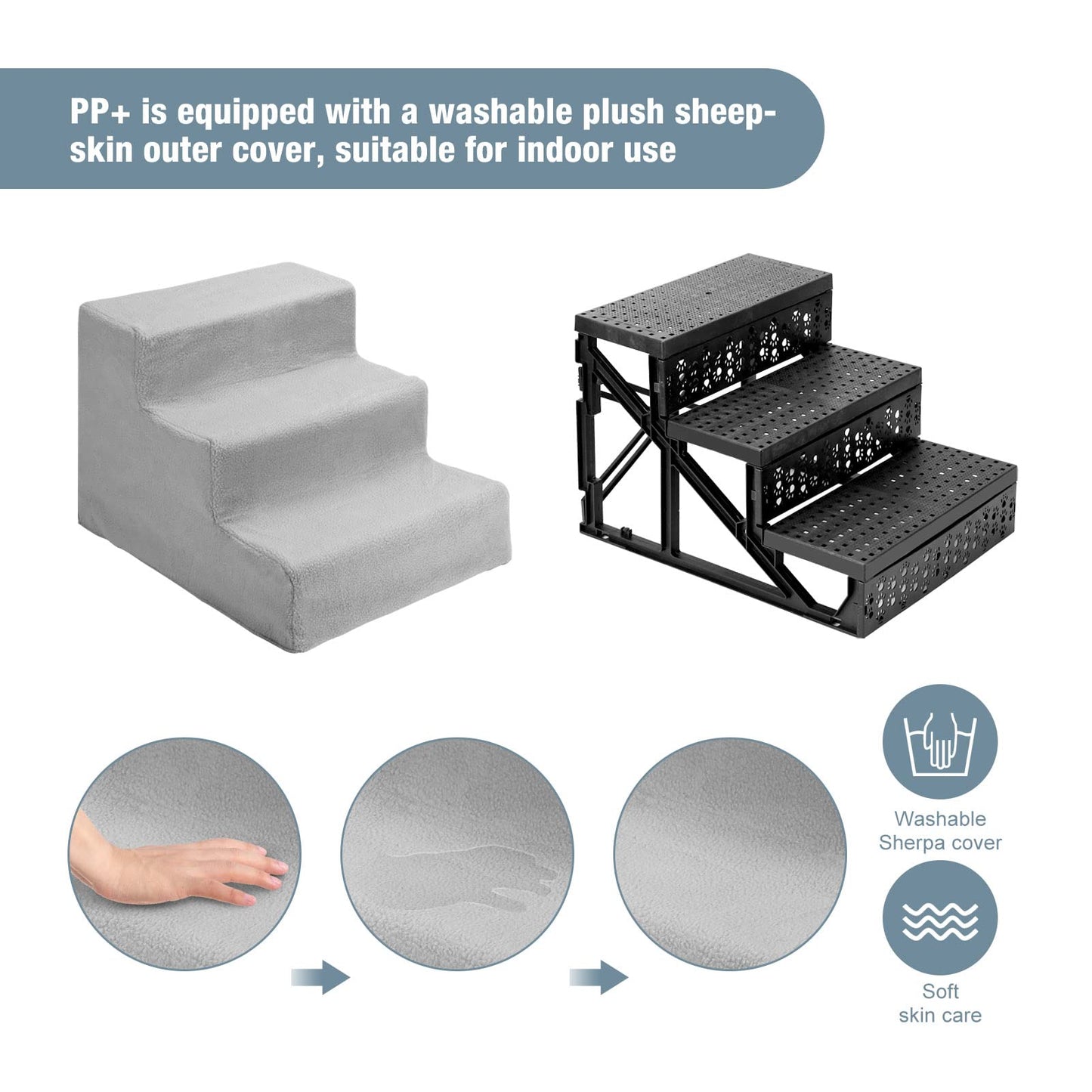 Youyijia Dog Steps 3 Steps Pet Stair Step for Bed 45x35x30cm Pet Stairs Pet Ladder with Washable Non Slip Plush Cloth Cover for Dogs and Cats (Grey)