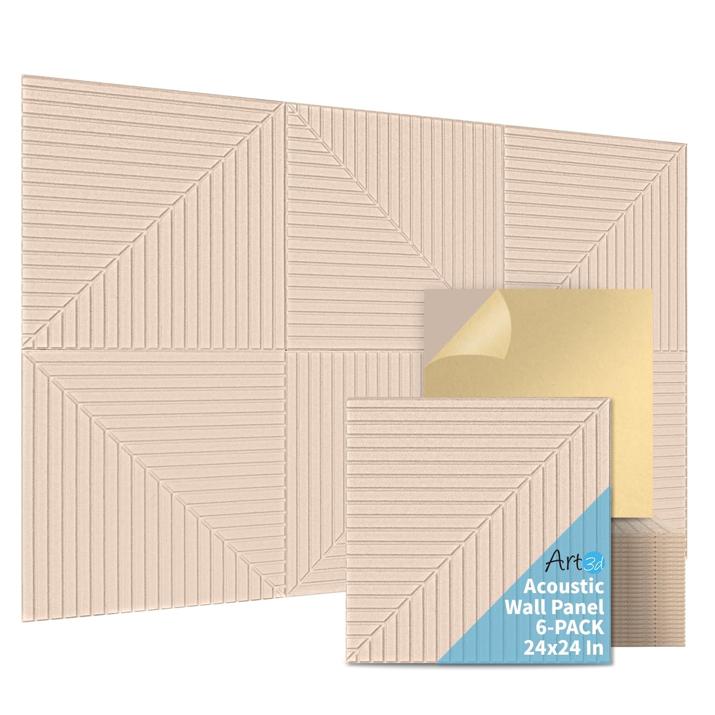 Art3d 6-Pack Self-Adhesive Acoustic Wall Panels for Home Décor, 24 x 24 Inch Soundproofing Panels for Office Studio Bedroom - High Noise Absorption Polyester Fiber, Camel