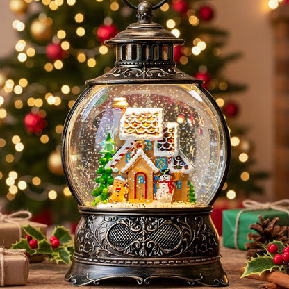 10" Christmas Snow Globes Lantern, Sparkling Musical Snowman Gingerbread House Lanterns, USB and Battery Powered Christmas Home Tabletop Decorations Gift