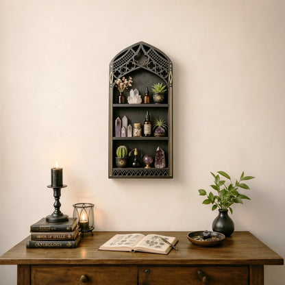 Gothic Window Crystal Shelf Display for Wall, Wooden Gem Stone Rock Storage Holder Trinkets Organizer, Wall Mount Stand Case Box for Witch Wiccan Decor, Spiritual Gift for Home Bedroom Living Room