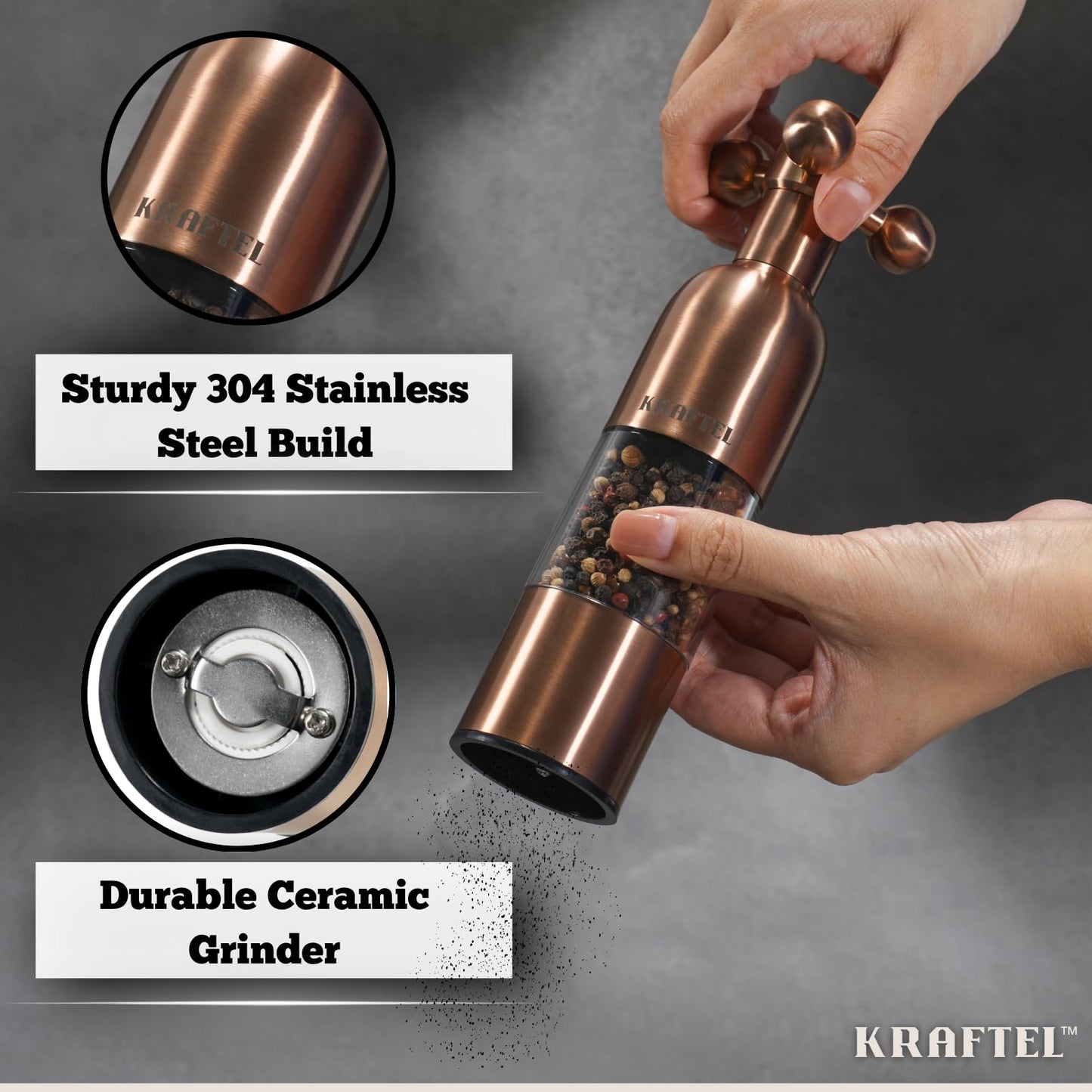 KRAFTEL Premium 8" Salt and Pepper Grinder 2PK. Large Peppermill - Refillable, Adjustable Coarse, Antique Stainless Steel Spice Shaker. Clear Acrylic aesthetic - Cute Copper Color Kitchen Gift for Mom
