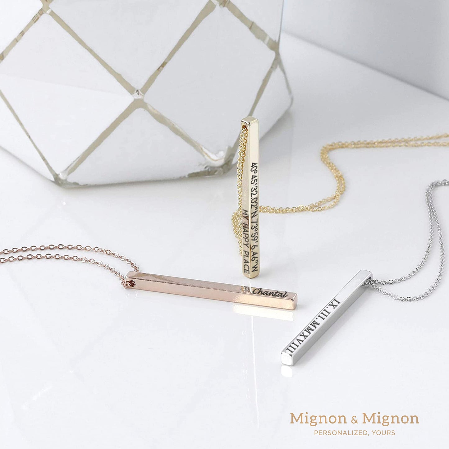 MignonandMignon Personalized Coordinates Necklaces for Women Gift for Her Custom Engraved Bar Jewelry with Kids Names for Mom Graduation Gifts - 4SBN