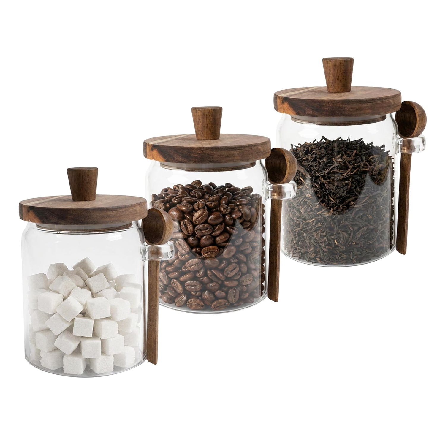 Piscepio Set of 3 Glass Jars Containers with Wooden Lids and Scoop Clear Canister Jars Set with Spoon for Kitchen Food Storage Coffee Tea Sugar Decorative Countertop Organization Jars 31 oz (3)