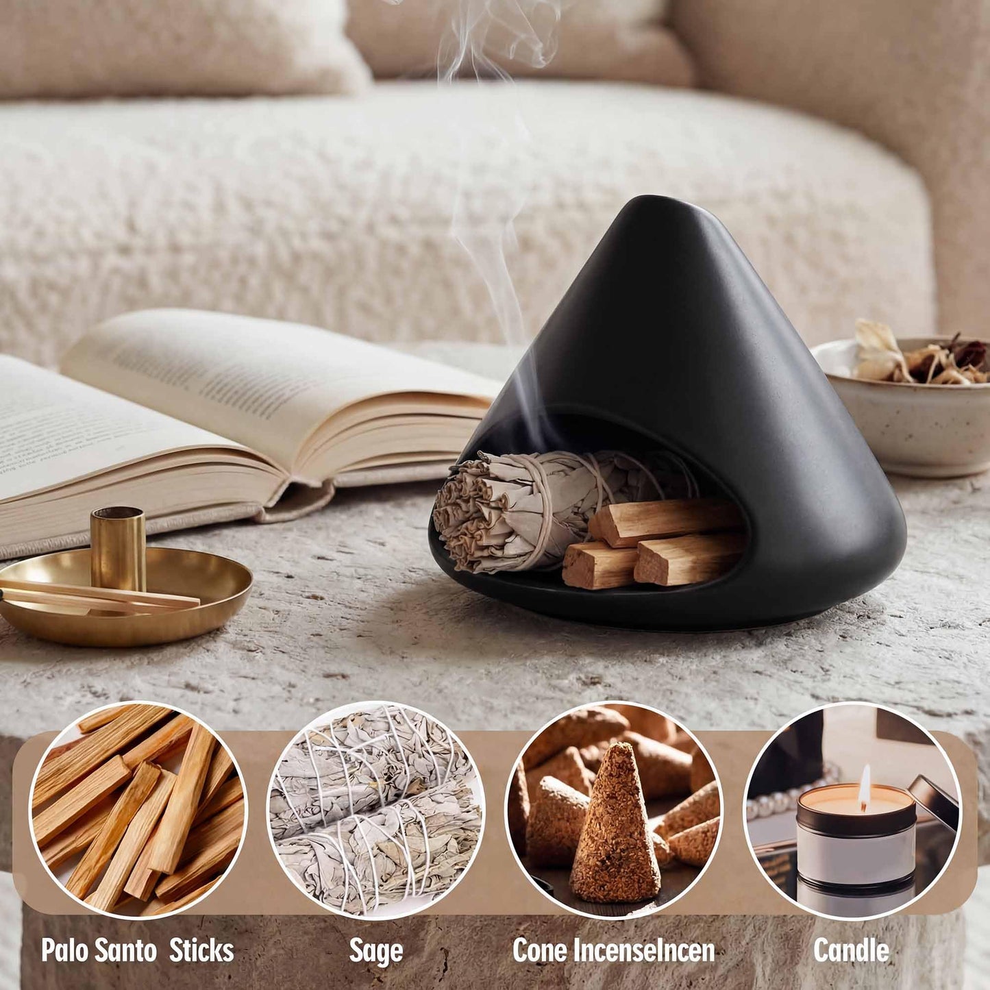 Ceramic Palo Santo Holder Incense Burner, Black Cone Mini Fireplace for Sage Sticks Burner with Chimney Handmade for Cedar,Yoga, Anxiety Relief Meditation for Women
